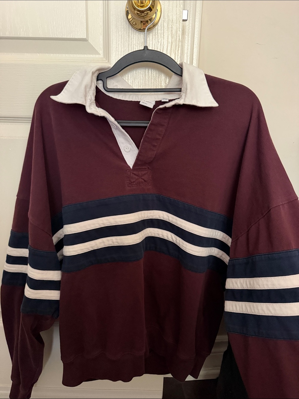 TNA Men's Burgundy Rugby Shirt with Navy and Cream Stripes